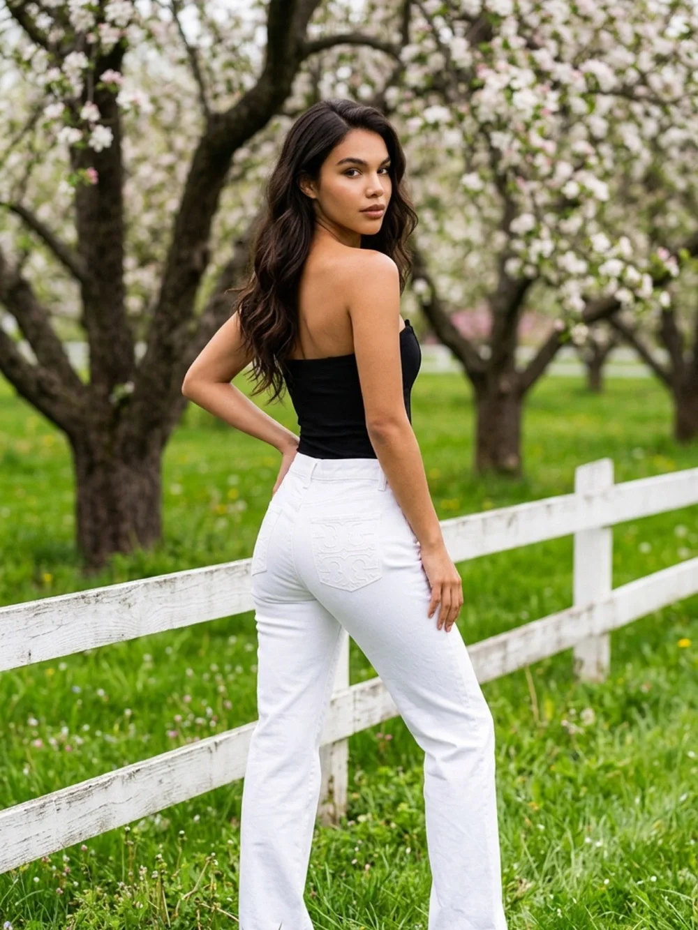 Tory Burch White Denim Jeans with Orange Logo Tag